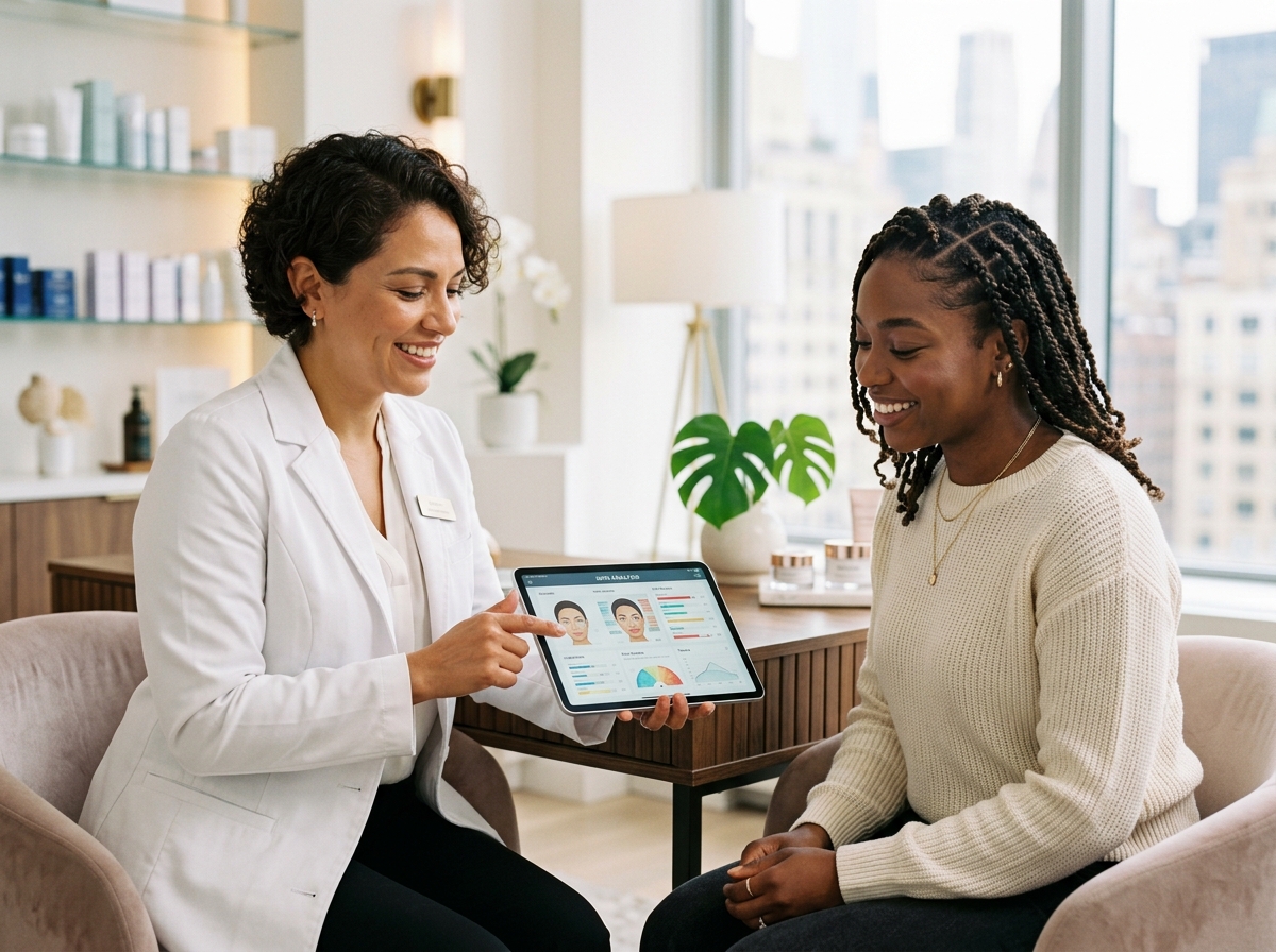 Aesthetician reviewing a skin analysis on a tablet with a client during a laser treatment consultation at Skin Lab Clinic NYC