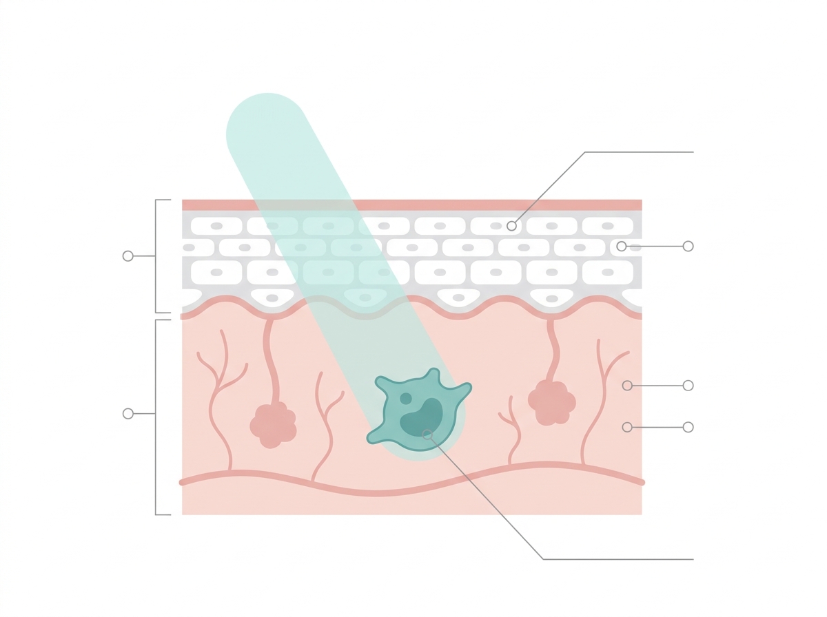 Diagram of how laser skin treatment works: light beam passing through the epidermis to target a pigment cell in the dermis