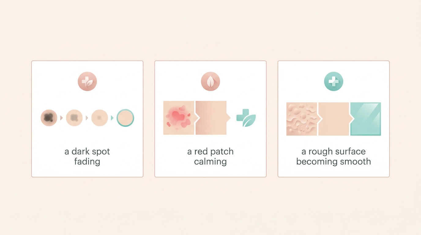 Infographic comparing laser treatment goals: a dark spot fading, a red patch calming, and rough skin texture becoming smooth