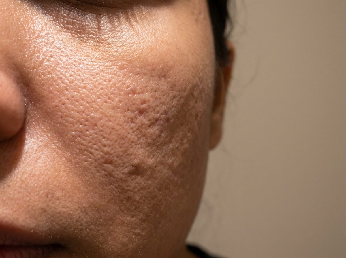 Close-up of acne scars, enlarged pores and uneven skin texture on the cheek, treated with resurfacing lasers and RF microneedling