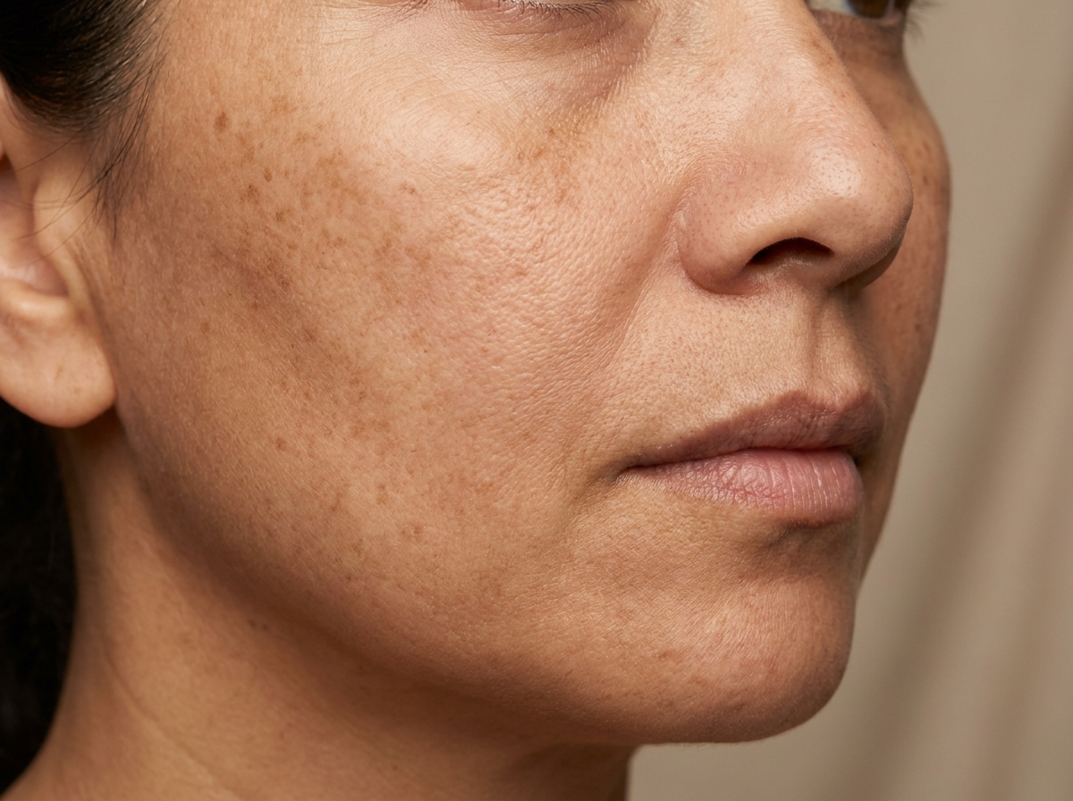 Close-up of sun spots and hyperpigmentation on a woman's cheek before laser pigmentation treatment