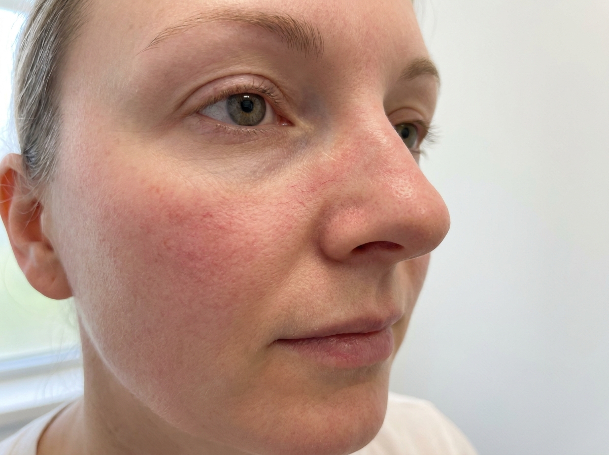 Woman with facial redness and visible broken capillaries on the cheek and nose, a concern treated with vascular lasers