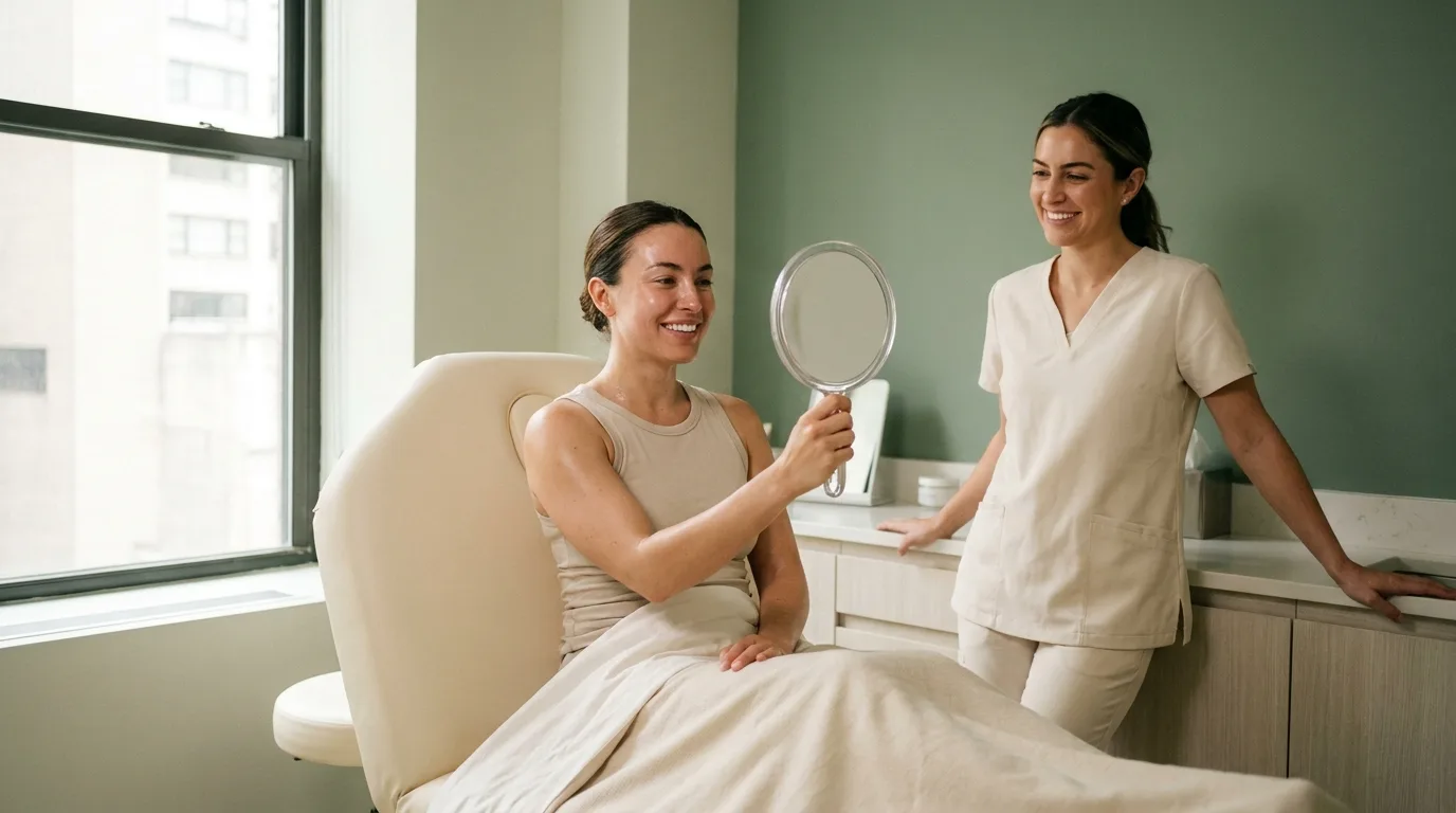 Client checking her glass skin results after a Glass Skin Medical Facial in NYC