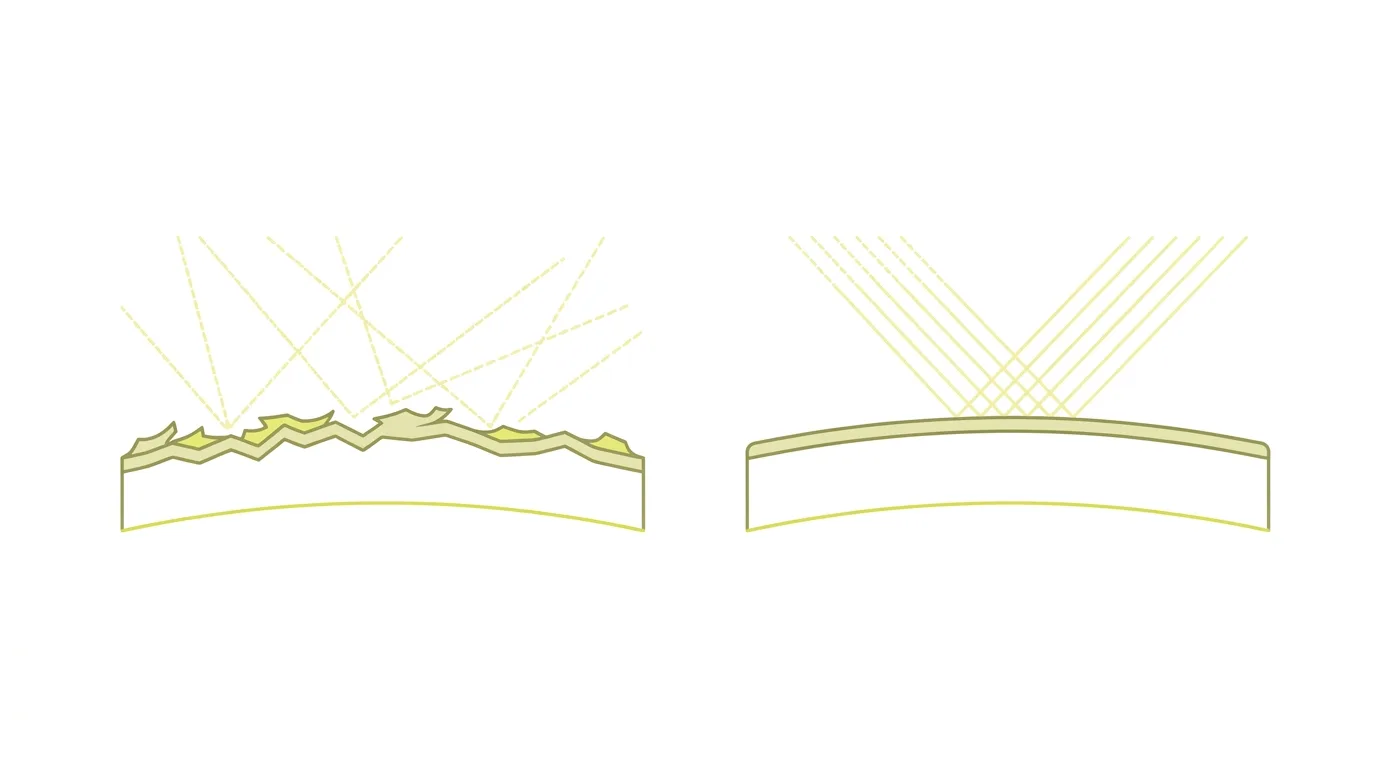 Diagram showing light scattering on rough skin and reflecting evenly on smooth, hydrated skin