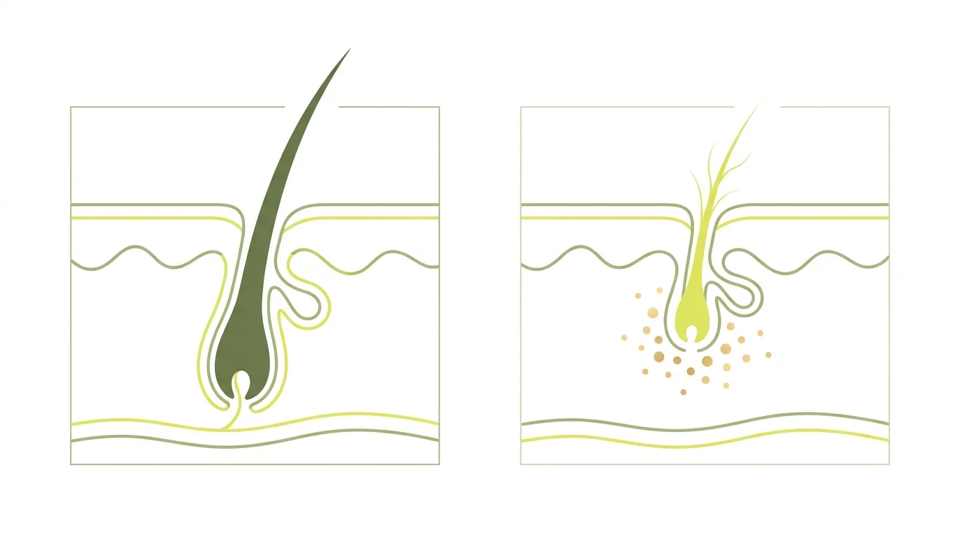 Diagram of a healthy hair follicle and a miniaturised follicle that scalp PRP aims to support