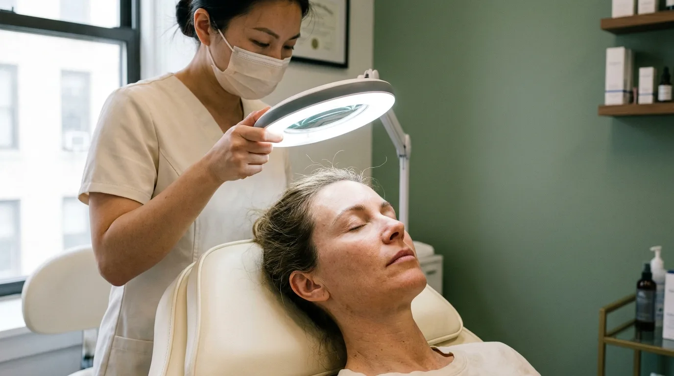 Aesthetician examining enlarged pores under a magnifying lamp at Skin Lab Clinic NYC