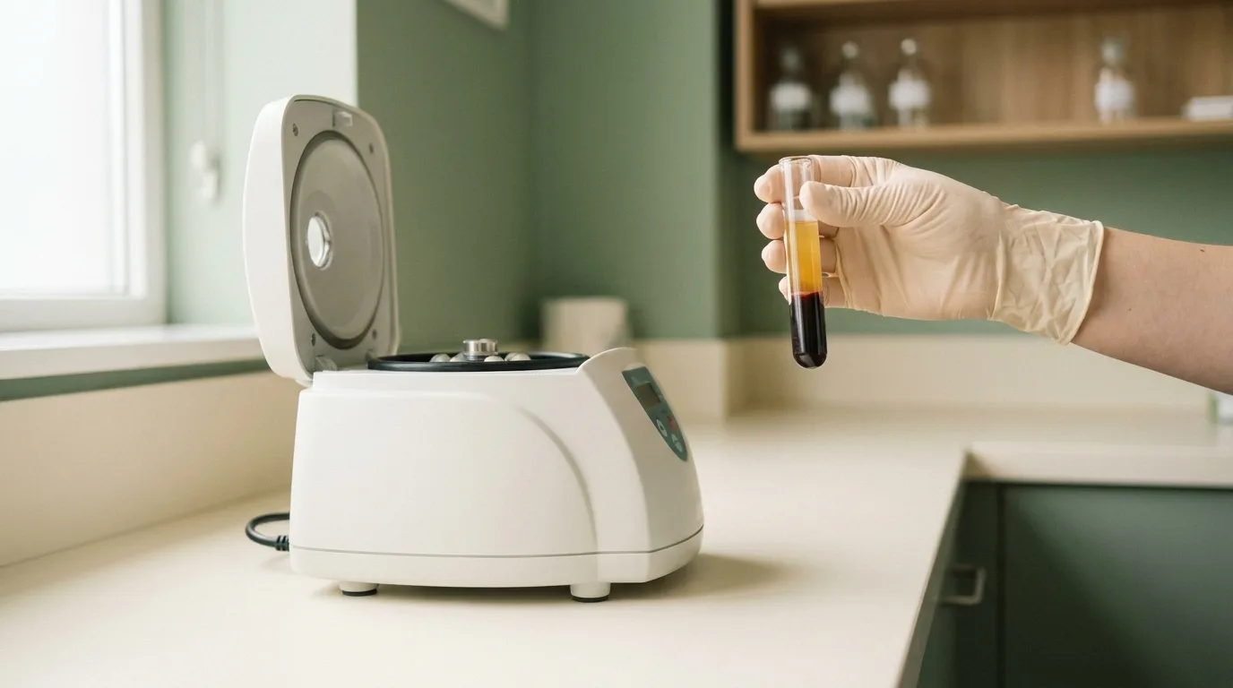 Platelet-rich plasma separated in a centrifuge tube during a scalp PRP session