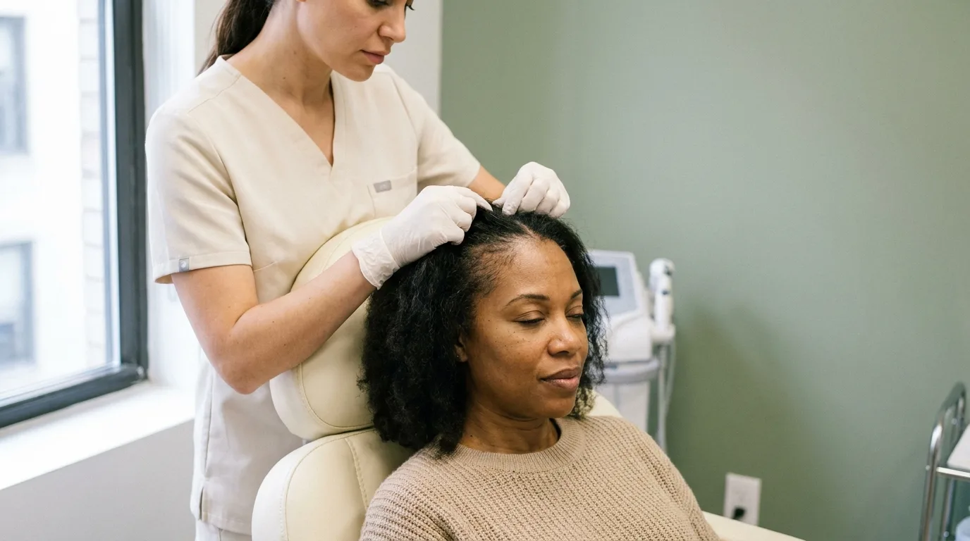 Practitioner examining thinning hair before scalp PRP at Skin Lab Clinic NYC