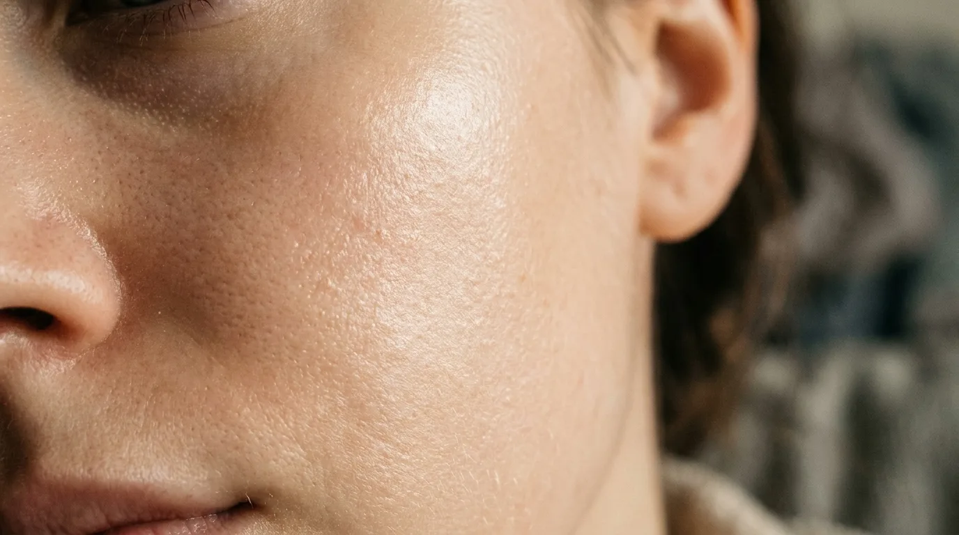 Close-up of glass skin: even, hydrated and reflective, with pores still visible