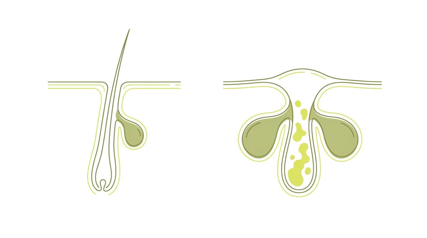 Diagram comparing a normal pore and an enlarged pore stretched by oil and debris